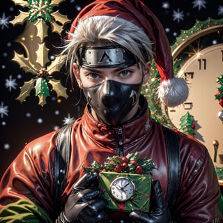 (masterpiece), full_body,1man, spiky hair, white hair, wearing fit tactical ninja flak jacket, leather tactical ninja full mouth mask, leather gloves, and his (((tactical headband with a letter ("A") symbol))), holding, (((holding alarm clock present, (((christmas decoration))), (at home background), Kakashi Hatake,