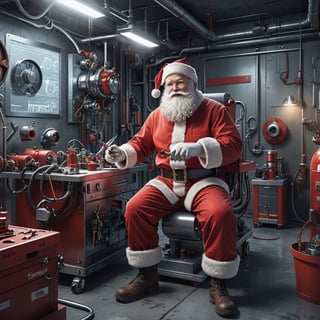 (masterpiece, best quality, high_res, realistic, epic), Santa Claus is an inventor, (((dressed in a mechanic suit))), in a lab he designing a high-tech santa sled, action_pose,

