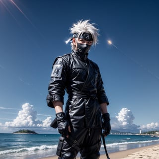 (masterpiece), full_body, 1man, spiky hair, white hair, wearing tight tactical ninja flak jacket, leather tactical ninja full mouth mask, leather gloves, and his (((tactical headband with a letter ("A") symbol))), scenery, (at beach background), sparkle, Kakashi Hatake