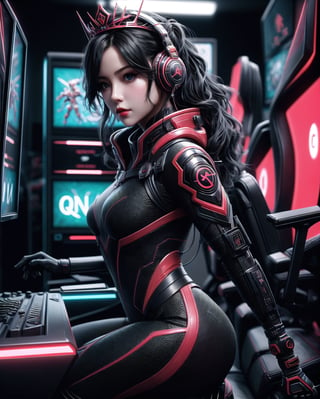 photohyperrealistic, half_body, side low angle shot, looking at viewer, a beautiful girl, black hair, wearing tiara headphone with ''Q'' sign, red and black futuristic obsidian ninja queen suit, obsidian boots, in style of alberto seveso art, neon, dinamic pose, (((big gaming display at background))), highly detailed, hyper realistic, with dramatic polarizing filter, vivid colors, sharp focus, 64K, remarkable color,1 girl, detailed eyes,  