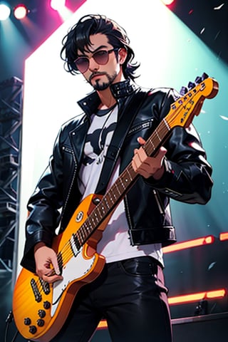 hansome 👨🎸, metal rockers, leather pants, leather jacket, sunglasses, black-hair, stage background, realistic
