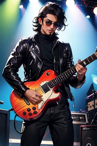 hansome 👨🎸, metal rockers, leather pants, leather jacket, sunglasses, black-hair, stage background, realistic