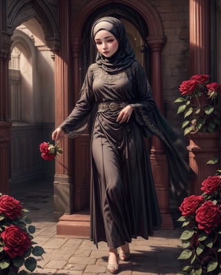 solo, 2girl, red rose, wearing muslim abaya, realistic and high quality, highly detailed, full body, hyper realistic, ultra realistic, 4fingers, 1thumb, romancevibe,