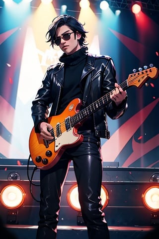 hansome 👨🎸, metal rockers, leather pants, leather jacket, sunglasses, black-hair, stage background,