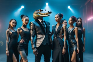 wide shot. dynamic pose, cyborg black nile crocodile, futuristic tuxedo suit, hug by a group of beutiful tattooed girls wearing dress and jeans, detailmaster2,cyborg style,only girls,