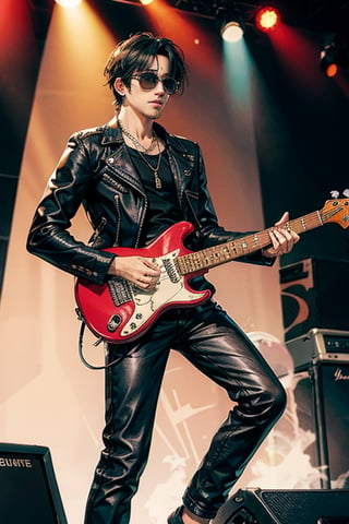 hansome 👨🎸, metal rockers, leather pants, leather jacket, sunglasses, black-hair, stage background,