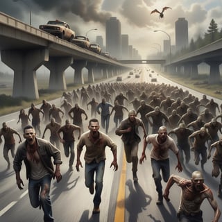 A thrilling and suspenseful scenario, where a group of people are being chased by a relentless horde of zombie-like creatures on a highway, with no escape in sight.

A post-apocalyptic scene, where a group of survivors are desperately running away from a swarm of zombie-like creatures on a desolate highway.



