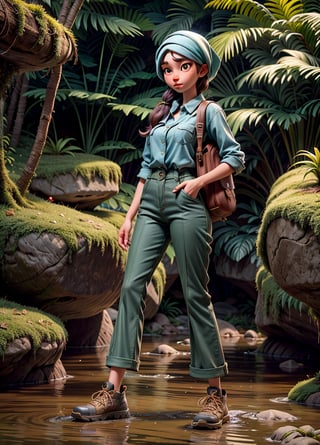 adult women, 1girl, jungle tracking, bag, mossy jungle, jungle tracking clothing, long pant, tuck in shirt, hijab with hat, river with rock, 3DMM, high_resolution, perfectface,