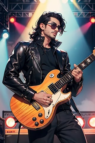 hansome 👨🎸, metal rockers, leather pants, leather jacket, sunglasses, black-hair, stage background, realistic, high_resolution,