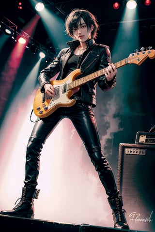 hansome 👨🎸, metal rockers, leather pants, leather jacket, black-hair, stage background,