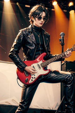 hansome 👨🎸, metal rockers, leather pants, leather jacket, sunglasses, black-hair, stage background,