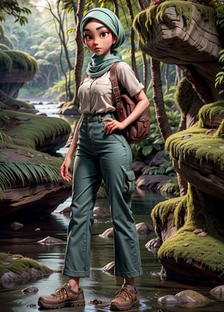 adult women, 1girl, jungle tracking, bag, mossy jungle, jungle tracking clothing, long pant, tuck in shirt, long hijab, river with rock, 3DMM, high_resolution, perfectface,
