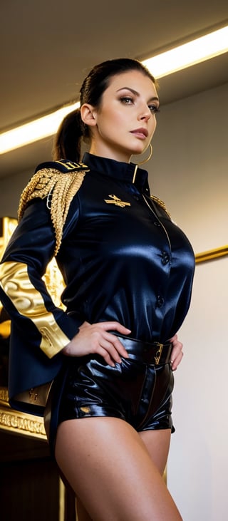 a woman,  stands confidently in a commanding pose, dressed in a sleek black military uniform with gold trim and insignia, her hair pulled back in a tight ponytail. The dimly lit room is bathed in a warm golden glow from the single overhead light fixture, casting long shadows across her angular features. Her piercing blue eyes seem to bore into the viewer as she holds a stern expression, a hint of authority and power emanating from every inch of her imposing figure. MORENA BACCARIN