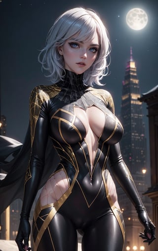 (Spidergwen in a black and gold spidersuit), (((black and gold spidersuit))) masterpiece, (best quality:1.2), (ultra-detailed:1.2), illustration, ( extremely delicate and beautiful:1.2),cinematic angle, (beautiful detailed eyes:1.1), (detailed light:1.1),cinematic lighting, beautifully detailed sky, light blue hair, (pink eyes), glowing eyes, (moon:1.2), (moonlight:1.1), starry sky, (lighting particle:1.1), bloom, perfect face and makeup, realistic face, big boobs,(photorealistic), ((best quality)), ((masterpiece)), ((realistic)), ((high detailed)), ((high detailed skin)), Dark soft shadows,  Warm Softlight:1.5, (Shiny), half body,