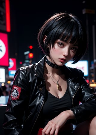 masterpiece, best quality, (detailed background), (beautiful detailed face, beautiful detailed eyes), absurdres, highres, ultra detailed, masterpiece, best quality, detailed eyes, upper body, 1_girl, cyberpunk scene, Tae Takemi, Persona 5 game, blue dark hair, pink lips, punkrock clothes, neck bone, messy bob cut, blunt bangs, brown eyes, red nails polish, short blue dress, black ripped leggings, short black jacket, red grommet belt, choker, midnight, city background, sexy pose, erotic pose, alluring pose, mouth open, kinky, close-fitting clothing, undressing, arms_crossed, arms_folded, crossed_legs_(sitting)