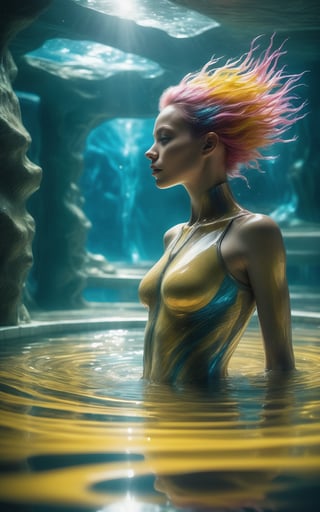 ((best quality)), ((masterpiece)), (detailed),(high-resolution:1.2), white luxe cave site house . young woman wearing a bright wet transparent skintight hi-tech outfit, 1girl, messy long haircut, blue and yellow multicolored hair, (perfect female body, skindentation), posing inside the pool, dynamic pose, professional lighting, sci-fi, (futuristic:1.4), pool time.