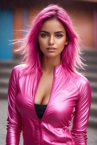 ((best quality)), ((masterpiece)), (detailed),(high-resolution:1.2), WHITE pale light TANNED SKIN MEXICAN MARIANA young woman wearing a dark WET pink skintight hi-sport-tech outfit, 1girl, long MESSY haircut, multicolored hair, (perfect female body, skindentation), OUTSIDE MEXICO CITY, dynamic frontal pose, professional lighting, depth of field guanajuato, cobblestone floor, reflection, wet, moist, leaked, 