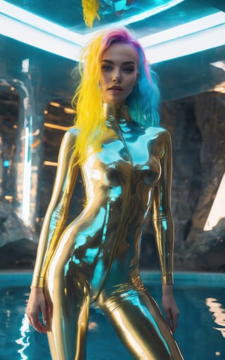 ((best quality)), ((masterpiece)), (detailed),(high-resolution:1.2), white luxe cave site house . young woman wearing a bright wet transparent skintight hi-tech outfit, 1girl, messy long haircut, blue and yellow multicolored hair, (perfect female body, skindentation), posing inside the pool, dynamic pose, professional lighting, sci-fi, (futuristic:1.4), pool time.