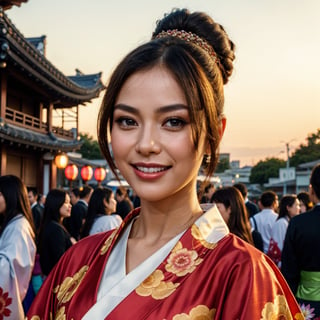 look at camera,(((top quality, 8k, masterpiece))), crisp focus, (beautiful woman with perfect figure), slender, (hairstyle: up)), ((kimono: Kara)), street: 1.2 Highly detailed face and skin texture Detailed eyes Double eyelids random posture, (smile),super cute Japan person,super beauty Japanese girl, realistic face, double eyelid,smile,summer festival , at sunset , beautiful tooth , fire-works back-groun