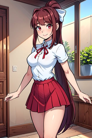 (masterpiece, 4k), 2d, anime, 1girl, monika, school uniform, dark red pleated skirt, red eyes, brown hair, very long hair, ponytail, hair ribbon, pink ribbon, mature female, beautiful, detailed, smile, slim, solo, standing, indoors, front view, sfw,girl