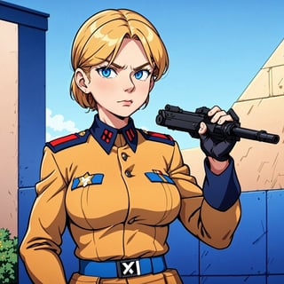 there is a women in a uniform holding a gun, inspired by Adolf Dietrich, inspired by Hans Fries, 🕹️ 😎 🔫 🤖 🚬, alexander minze thumler, otto mueller, still image from tv series, inspired by Adolf Ulric Wertmüller, general greivous, adi meyers, laszlo, ƒ/5.6