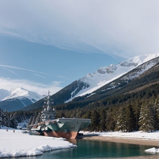 summer first snow sinking broken aircraft carrier on the shore of the bay coniferous forest snowy peaks many small details filigree professional photo HDR hyper detail realistic CGI high resolution quality precision clarity sharpness natural f/16 1/250s also 100mm К