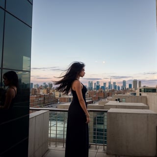 Person Standing on the Rooftop,urban scenery,nighttime scene,bricks,concrete,modern architecture,city lights,hazy atmosphere,(best quality, 4k, 8k, highres, masterpiece:1.2),ultra-detailed,realistic,photorealistic:1.37,high-rise buildings,tall skyscrapers,distant horizon,glowing moon,star-filled sky,circular shape windows,shadows,lonely figure,silhouette,windy,blowing hair,elevation,rooftop edge,reflection,mysterious vibes,serene,quiet,serendipitous moment,peaceful solitude,distant sounds of the city.