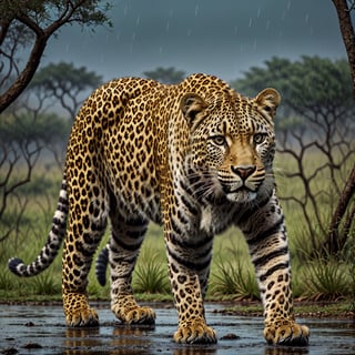 a leopard in a rainy savanna at dusk, realistic, 4k, extremely detailed, highly detailed animal, realistic fur, realistic lighting, dramatic lighting, moody atmosphere, muted colors, beautiful cinematic composition, photorealistic, award winning photograph