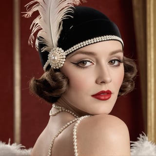 (highres,photorealistic) black and white photo of a woman from the 1920s,1920s fashion,retro hairstyle,classic beauty,smoky eyes,red lipstick,vintage background,vintage hat,flapper dress,feminine elegance,pearl necklace,feather headband,1920s style jewelry,white gloves,soft lighting,nostalgic ambiance,sepia tones