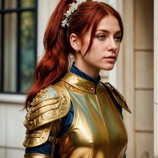 (8k, RAW photo, best quality, masterpiece:1.2), (realistic, photo-realistic:1.4), (extremely detailed CG unity 8k wallpaper), a full body (rogue:1.1) female wearing gold (leather armor:1.3), stiched worn out armor, (insanely detailed:1.5), gold and (white:1.5), Concept art portrait by Greg rutkowski, Artgerm, hyperdetailed intricately detailed gothic art trending on Artstation, fantastical, intricate detail, (small blue highlights:1), (redhead, wavy hair, high ponytail)