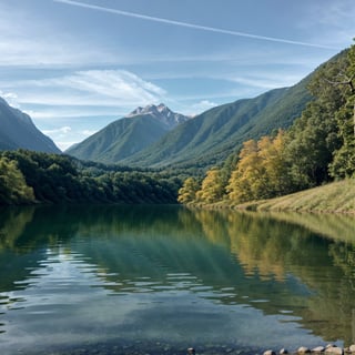 watercolor landscape, beautiful serene lake, lush green forest, mountains in the distance, soft natural lighting, warm color palette, impressionist style, detailed reflections on the water, wispy clouds in the sky, vibrant wildflowers, tranquil atmosphere, picturesque scenery, (best quality,4k,8k,highres,masterpiece:1.2),ultra-detailed,(realistic,photorealistic,photo-realistic:1.37)