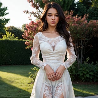 a beautiful woman in a white lace dress, long lace sleeves, lace details on the bodice, flowing lace skirt, standing in a garden with flowers, serene expression, warm lighting, photorealistic, highly detailed, 8k, (best quality,4k,8k,highres,masterpiece:1.2),ultra-detailed,(realistic,photorealistic,photo-realistic:1.37),cinematic lighting,dramatic lighting,vibrant colors,elegant,ethereal