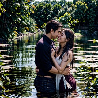 couple in a romantic location,embracing each other and smiling,happy moment,candid shot,outdoor lighting,warm color tone [vibrant,subtle],soft focus,bokeh effect,professional photography style,high resolution,ultra-detailed,feeling of love and connection,beautiful background landscape,crisp image quality,perfectly composed,reflection in water,gentle breeze,love in the air
