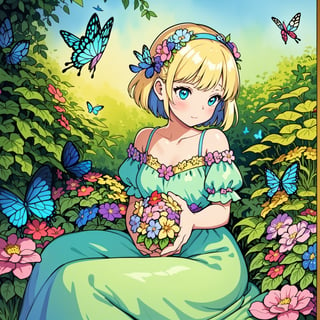 A beautiful girl in a fairy costume, surrounded by flowers and butterflies. Content: watercolor painting. Style: whimsical and delicate, like a children’s book illustration.