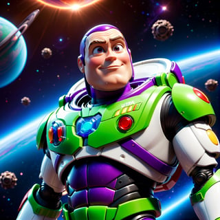 a heroic toy space ranger, buzz lightyear, ultra detailed, 3d render, photorealistic, cinematic lighting, dynamic pose, dramatic camera angle, cosmic space background, nebula clouds, shiny metallic armor, bold primary colors, intricate machinery, futuristic technology, highly polished surfaces, hyper-realistic, 8k, cinematic quality