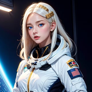 Woman with ,golden white hair,Blue eyes,,,black spacesuit