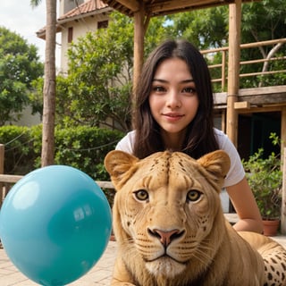 A girl with a zoo, many balloons, happy, happy, perfect quality, clear focus (clutter-home: 0.8), (masterpiece: 1.2) (Realistic: 1.2) (Bokeh) (Best quality) (Detailed skin: 1.3) (Intricate details) (8K) (Detail eyes) (Sharp focus), (Happy), gepard,lion