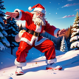 A scared Santa figure in a snowy landscape, frantically waving his hands, with anxious expressions on his face. The Santa is wearing a red suit with white fur trim, and his eyes widen in fear. The snow-covered ground is illuminated by a soft and warm studio lighting, with highlights and shadows accentuating the texture of the snow. The background scenery includes tall evergreen trees covered in snow, creating a winter wonderland atmosphere.