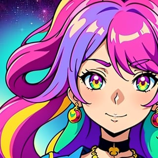 a close up of a woman with colorful hair and a necklace, anime girl with cosmic hair, rossdraws pastel vibrant, artwork in the style of guweiz, fantasy art style, colorful]”, vibrant fantasy style, rossdraws cartoon vibrant, cosmic and colorful, guweiz, colorfull digital fantasy art, stunning art style, beautiful anime style
