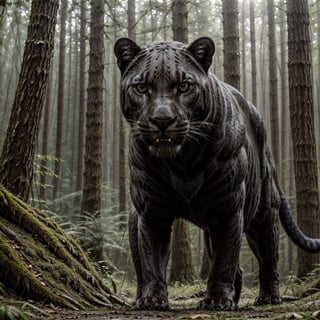 panther in forest, detailed panther, detailed forest, (best quality,4k,8k,highres,masterpiece:1.2),ultra-detailed,(realistic,photorealistic,photo-realistic:1.37),HDR,UHD,studio lighting,ultra-fine painting,sharp focus,physically-based rendering,extreme detail description,professional,vivid colors,bokeh,wildlife,nature,lush vegetation,sunlight filtering through trees,dramatic lighting,powerful predator,alert and focused expression,muscular body,prowling stance,dense undergrowth,fallen leaves,moss covered rocks