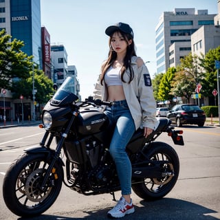 ８K,realistic photo、realistic skin texture、A beautiful Japanese woman living in America rides a Honda motorcycle、Dirty long coat、Shotgun sling on shoulder、baseball cap、high cut sneakers、Debris-strewn downtown、sunny、cool composition、