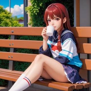 anime girl sitting on a bench with a cup of coffee, cute anime girl, anime style illustration, soda themed girl, beautiful anime high school girl, a hyperrealistic schoolgirl, anime girl, young anime girl, beautiful anime girl, anime girl drinks energy drink, anime style 4 k, digital anime illustration, retro anime girl, anime visual of a cute girl