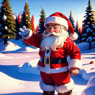 A scared Santa figure in a snowy landscape, frantically waving his hands, with anxious expressions on his face. The Santa is wearing a red suit with white fur trim, and his eyes widen in fear. The snow-covered ground is illuminated by a soft and warm studio lighting, with highlights and shadows accentuating the texture of the snow. The background scenery includes tall evergreen trees covered in snow, creating a winter wonderland atmosphere.