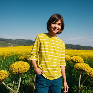 girl, holding a knife, yellow-green striped shirt with thicker stripes, red eyes glowing red, head tilted, short brown hair mushroom head, with a clear smile on his face, Chara, two-dimensional, standing among golden flowers with a ray of light above his head