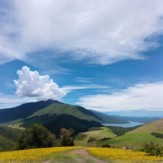 realistic watercolor landscape, a beautiful scenic countryside, rolling hills, lush green meadows, vibrant wildflowers, towering mountains in the background, fluffy clouds in the sky, shimmering lake reflecting the landscape, (best quality,4k,8k,highres,masterpiece:1.2),ultra-detailed,(realistic,photorealistic,photo-realistic:1.37),professional, vivid colors, natural lighting, atmospheric perspective, intricate details