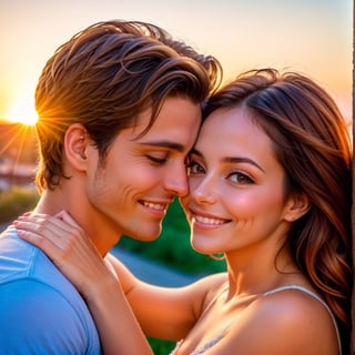 best quality, highres, ultra-detailed, HDR, realistic couple photo, natural lighting, intimate pose, loving gaze, warm atmosphere, soft colors, gentle touch, romantic setting, outdoor location, sunset backdrop, candid shot, blissful moment, genuine smiles, loving embrace, connection between two souls, happy memories, eternal love,1 girl