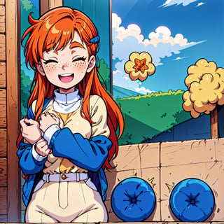 Super ultra happy cute , with freckles and ginger hair, holding her cheeks