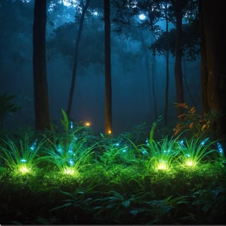 ((Best Quality, 8K, Masterpiece: 1.3),realistic,(best quality,realistic:1.37)thick dense forest,glowing fireflies,rainy night,moist air,foggy atmosphere,dripping leaves,dewy grass,majestic trees,mysterious shadows,serene ambiance,gentle raindrops,peaceful solitude,whispering breeze,nature's symphony,Latin American rainforest,enchanted evening,hint of moonlight,sparkling bioluminescence,lush vegetatio