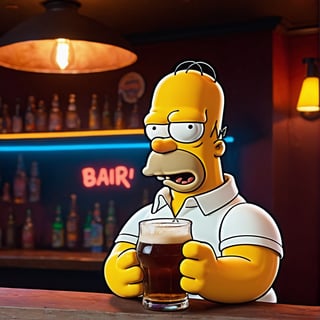 A drunk Homer Simpson sitting at a bar, overweight beer belly, slouched posture, messy hair, 5 o'clock shadow, holding a beer glass, neon bar lighting, smoke-filled room, grunge bar interior, warm color tones, realistic detailed rendering, highly detailed, cinematic lighting, photorealistic, 8k