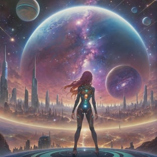 there is a woman standing in front of a painting of a planet, futuristic city in background, psytrance artwork, interconnected human lifeforms, panoramic view of girl, progressive rock album cover, dream of the endless, star dust, galaxy, stoner rock --ar 16:9 --v 5.1